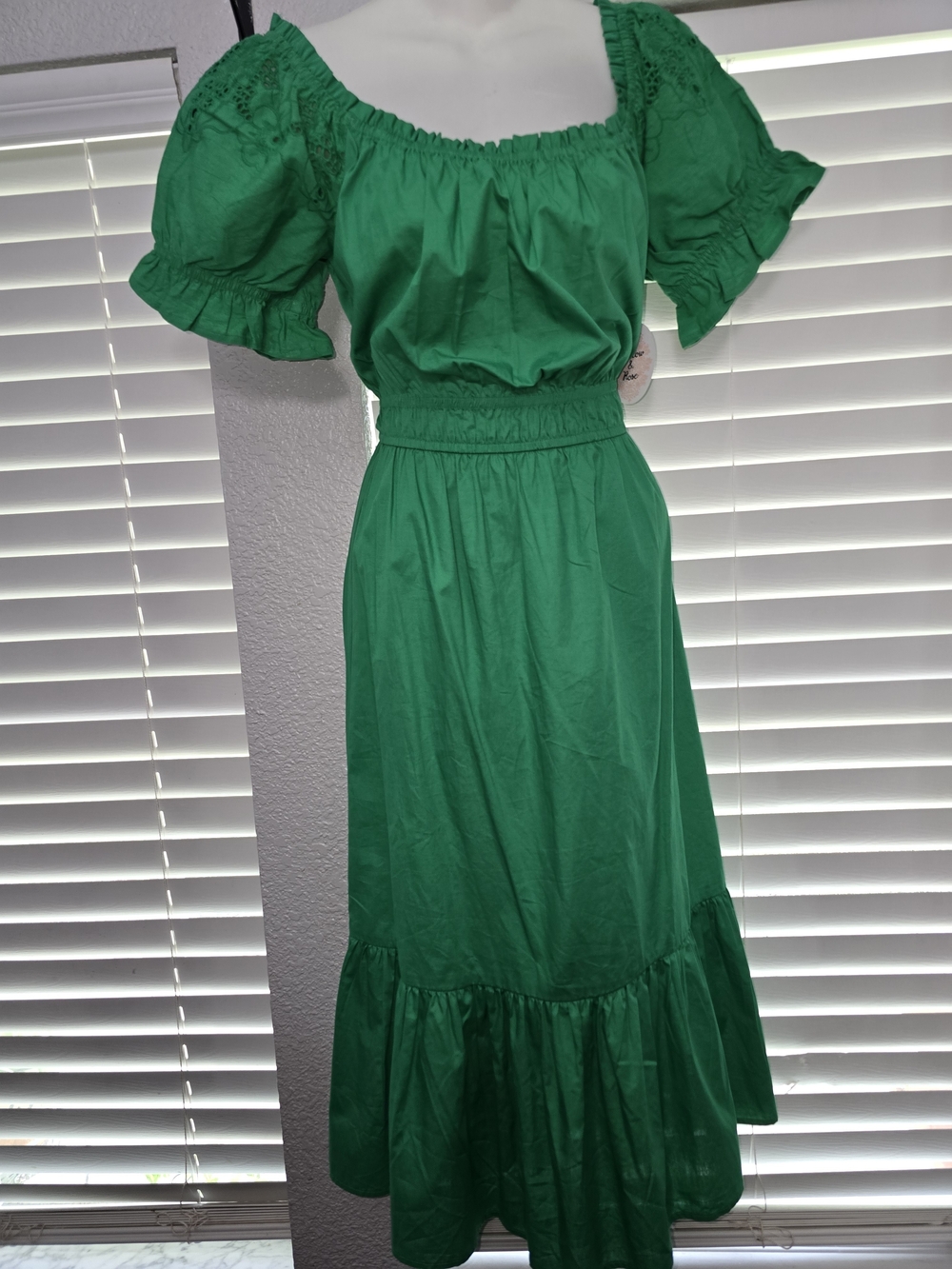Green Puff Sleeve Midi Dress with Elastic Waist